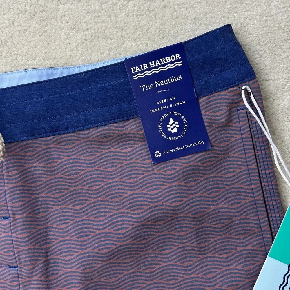 Fair Harbor The Nautilus Boardshorts Men's 38 Red Waves Swim Trunks Pockets